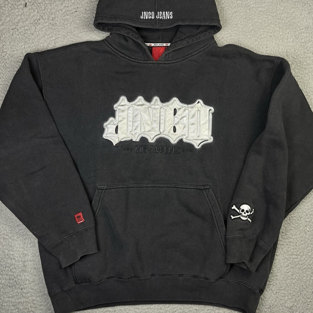 JNCO Jeans Hoodie Mens L Black Pullover Sweatshirt Skull Graphic Distressed Y2K